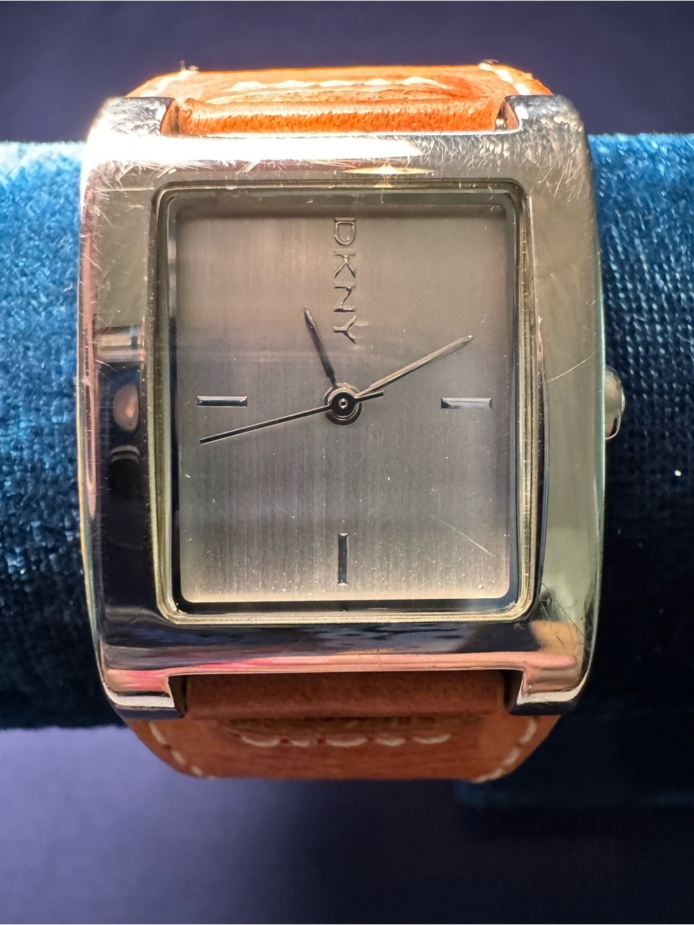 DKNY Silver Square Case Watch with Tan Leather Strap